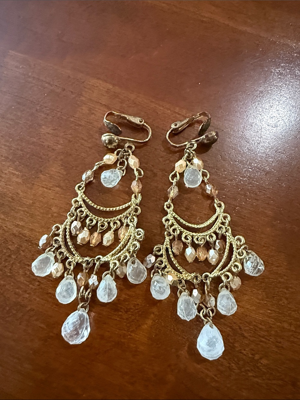 Gold-Tone Chandelier Earrings with Clear and Champagne Beads